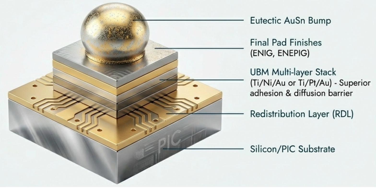 Anatomy of a Perfect Bond - AuSn eutectic bump stack cross-section showing Eutectic AuSn Bump, ENIG/ENEPIG pad finish, UBM Ti/Ni/Au multi-layer stack, RDL, and Silicon/PIC substrate