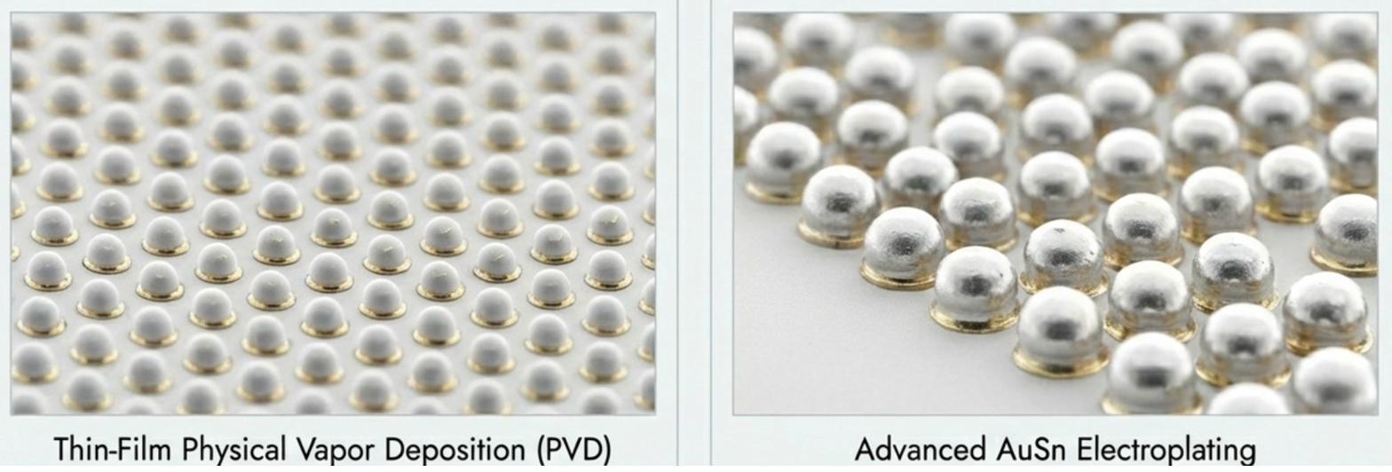 Fabrication Methods comparison - Thin-Film Physical Vapor Deposition (PVD) bumps left, Advanced AuSn Electroplating bumps right, both on gold UBM pads