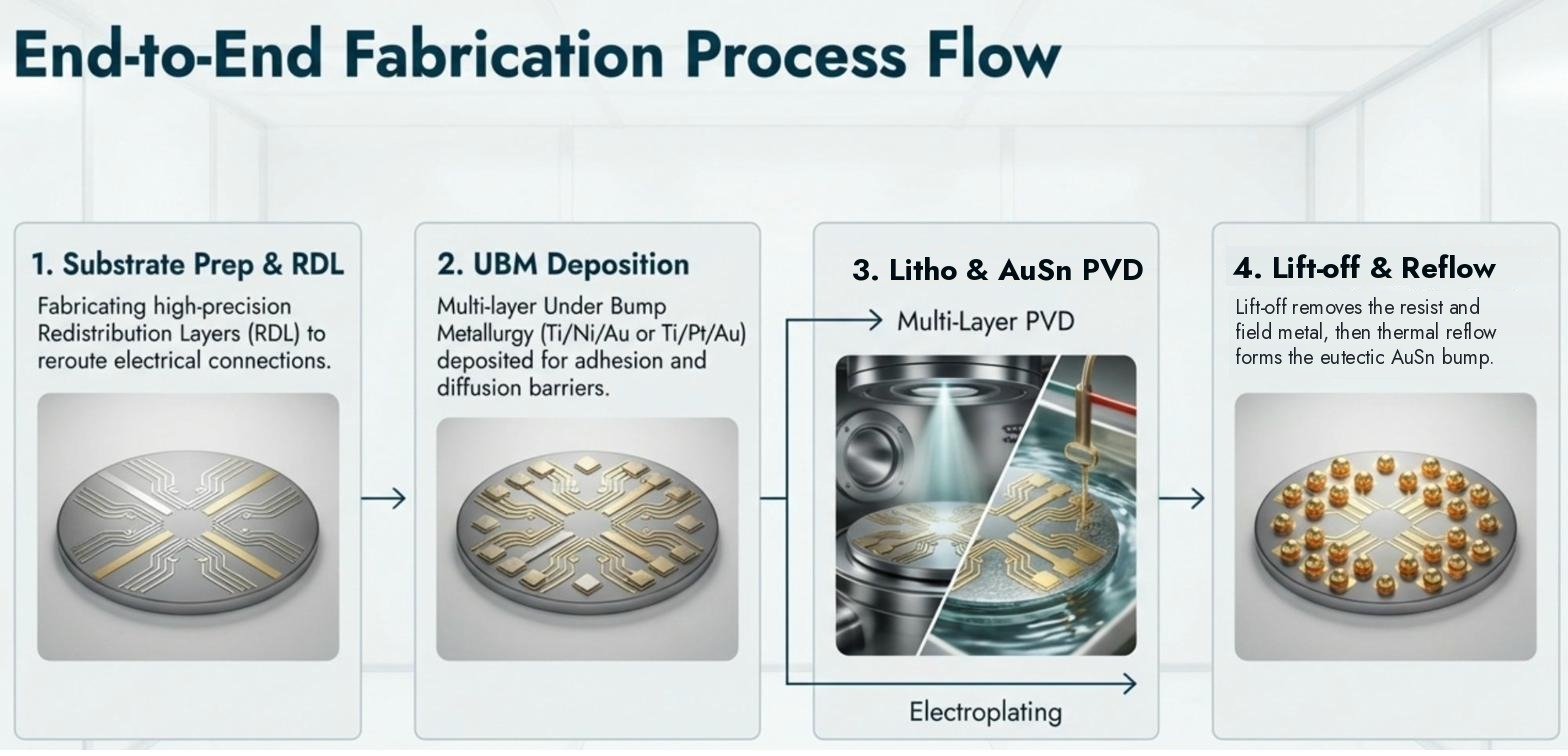End-to-end AuSn fabrication flow: substrate prep and RDL, UBM deposition, lithography and AuSn PVD, lift-off and reflow
