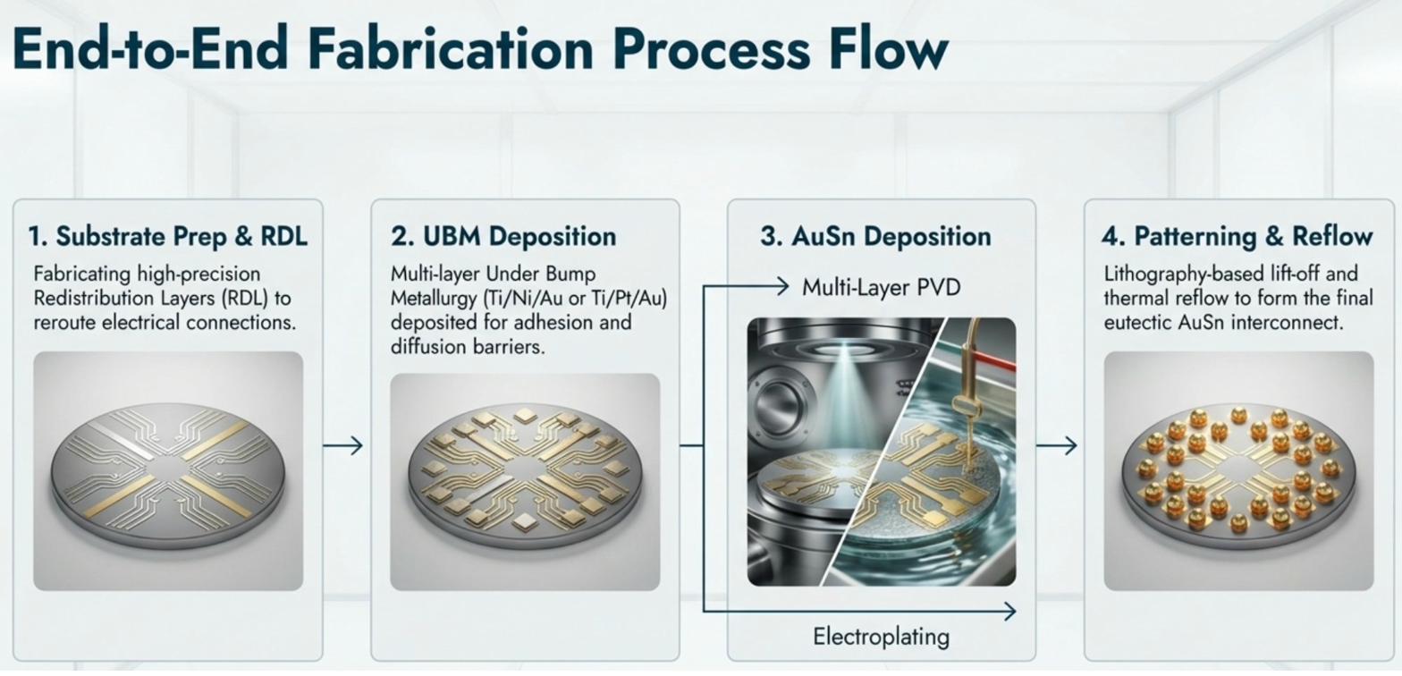 End-to-End AuSn Fabrication Process Flow - 4 steps: Substrate Prep and RDL, UBM Deposition (Ti/Ni/Au or Ti/Pt/Au), AuSn Deposition via PVD Multi-Layer or Electroplating, Patterning and Reflow
