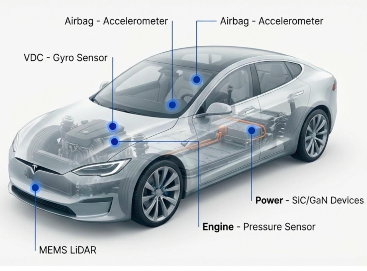 Automotive MEMS and semiconductor applications - airbag accelerometers, VDC gyro sensors, MEMS LiDAR, SiC/GaN power devices, and engine pressure sensors