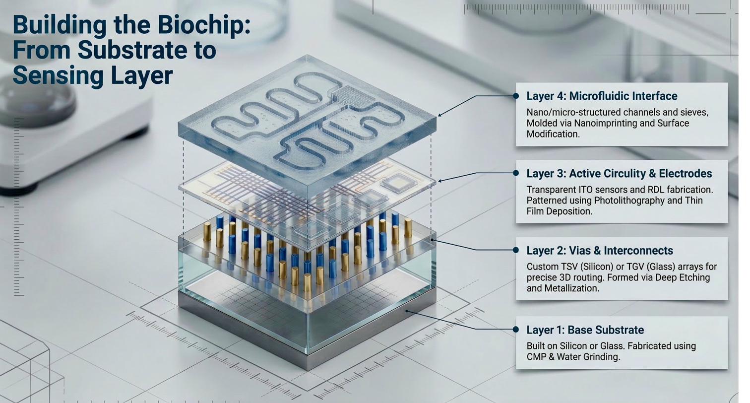Building the Biochip: From Substrate to Sensing Layer - exploded 4-layer diagram showing microfluidic interface, active circuitry and electrodes, vias and interconnects, and base substrate