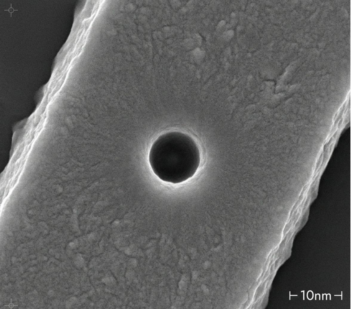 SEM micrograph of a DNA nanopore - 10nm scale freestanding SiN membrane nanopore, 5-50nm diameter