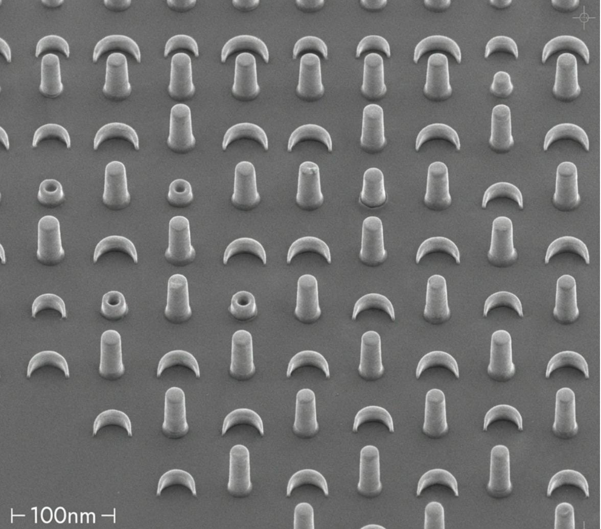 SEM micrograph of LSPR nanostructures - Au pillars, holes, and crescents at 50-200nm scale patterned by NIL and lift-off, 100nm scale bar