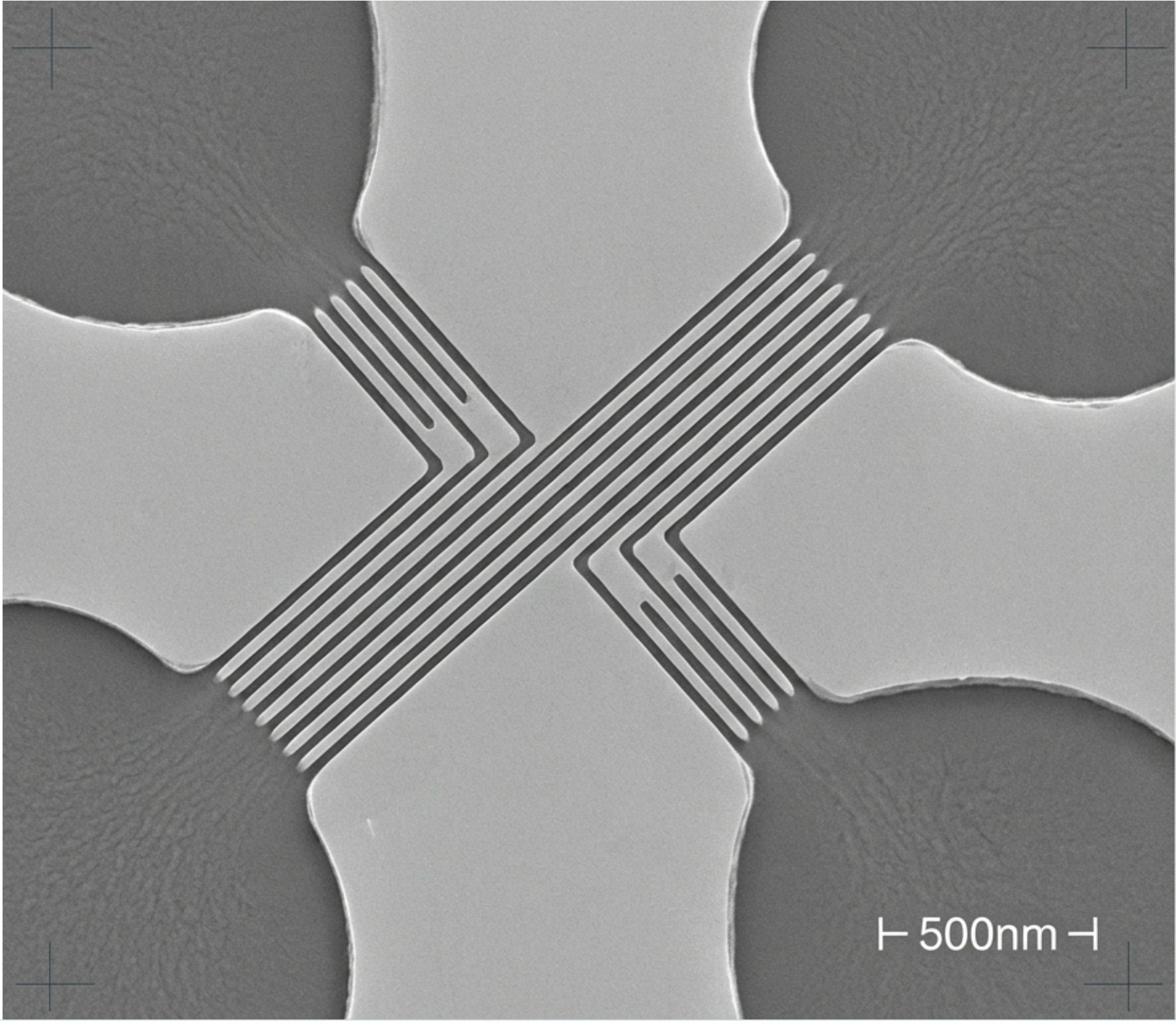 SEM micrograph of nanofluidic channels - sub-100nm channel depth, 500nm scale bar, defined via e-beam lithography and DRIE
