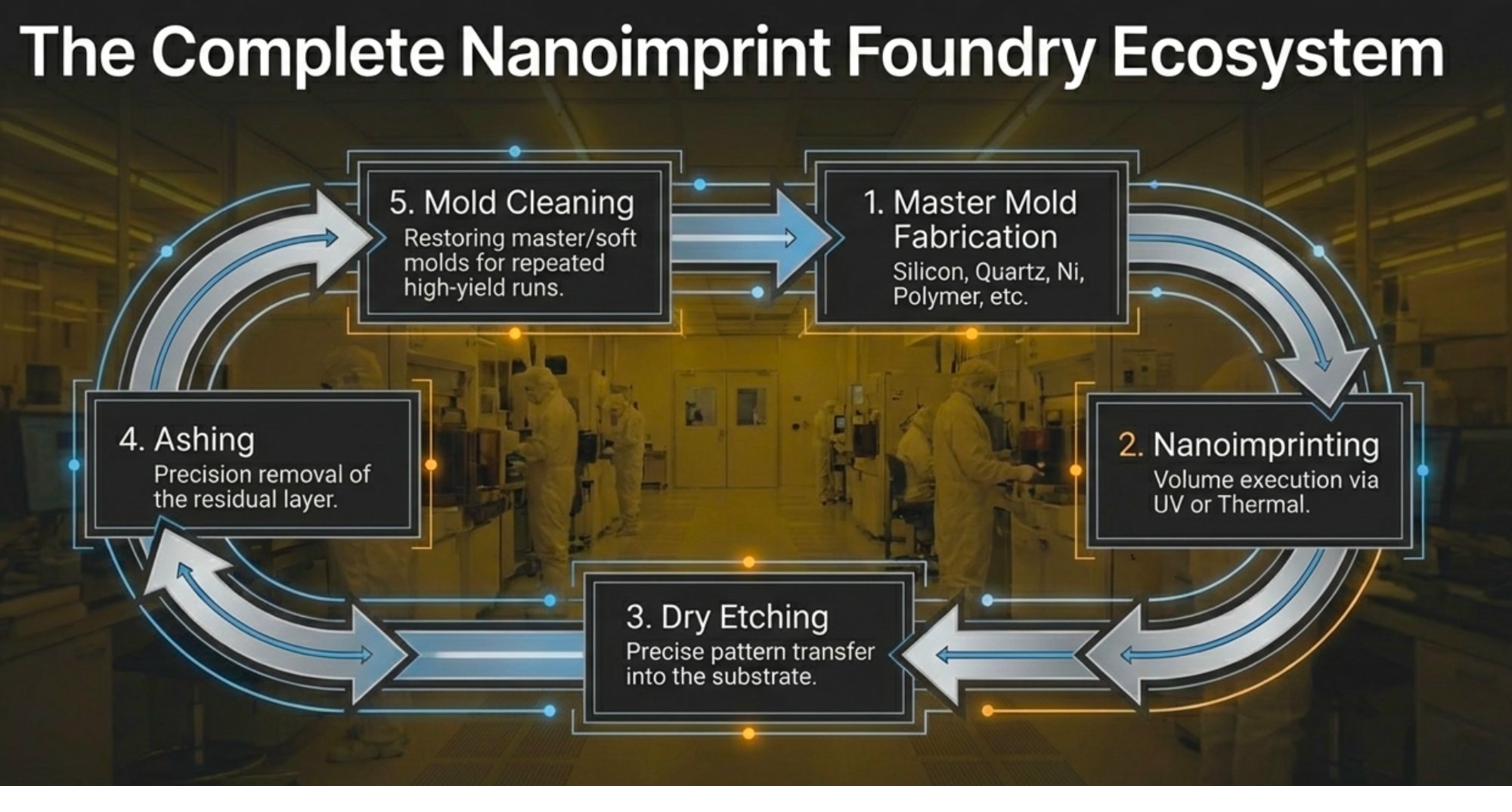 The Complete Nanoimprint Foundry Ecosystem - 5-step cycle: Master Mold Fabrication, Nanoimprinting, Dry Etching, Ashing, Mold Cleaning