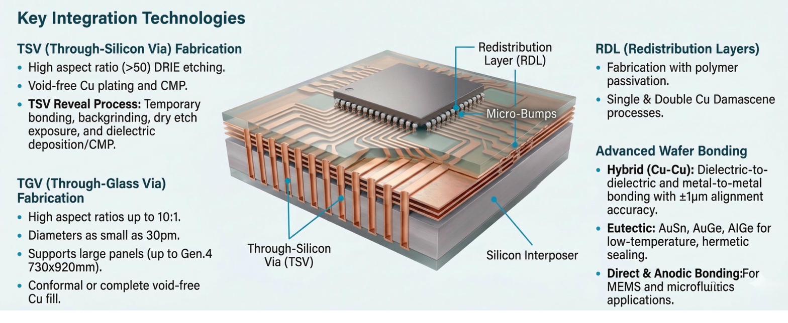 Key Integration Technologies - 3D silicon interposer with Through-Silicon Vias (TSV), Redistribution Layer (RDL), micro-bumps and copper routing layers