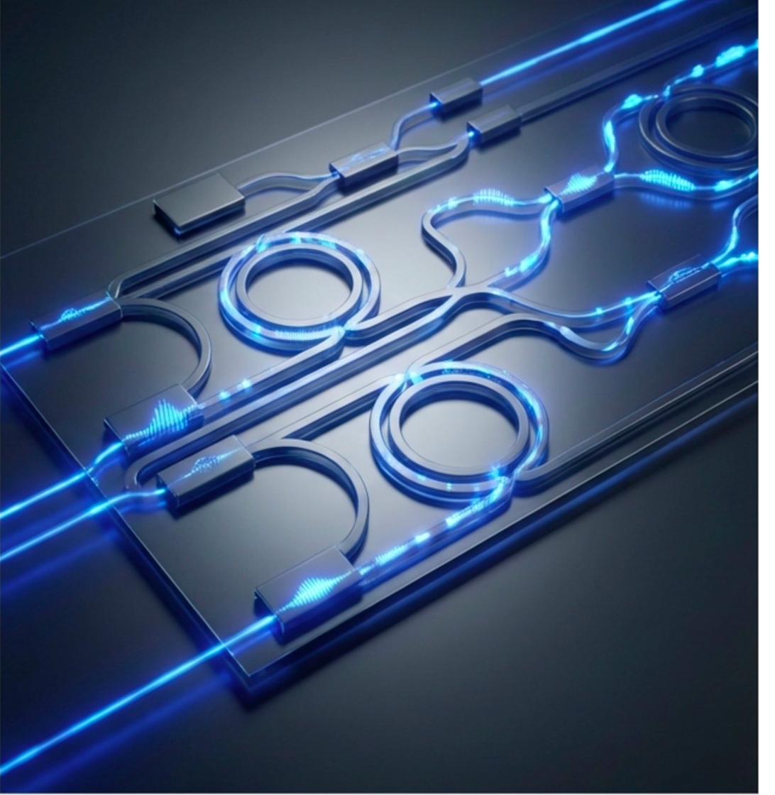 Silicon photonics chip - integrated optical waveguides with blue light propagation showing ring resonators and directional couplers