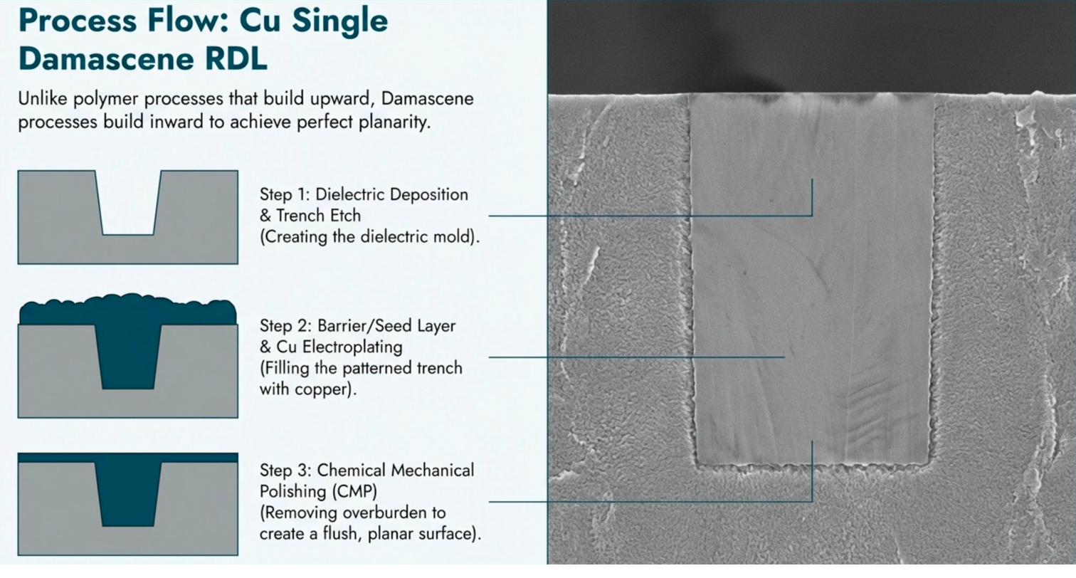 Process Flow: Cu Single Damascene RDL - 3-step process: dielectric trench etch, Cu electroplating, CMP planarization with SEM cross-section