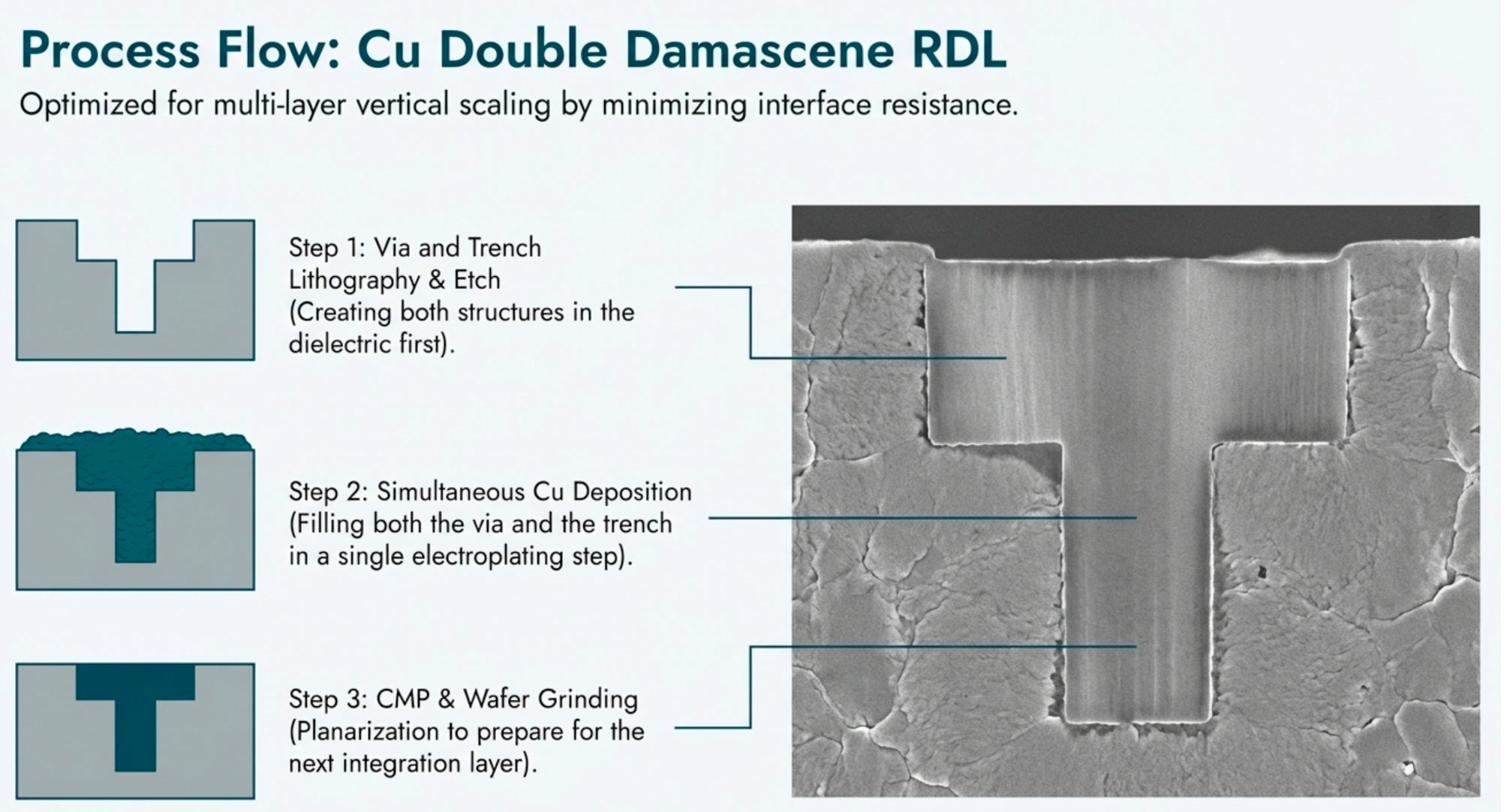 Process Flow: Cu Double Damascene RDL - 3-step process: via and trench litho/etch, simultaneous Cu deposition, CMP with SEM cross-section