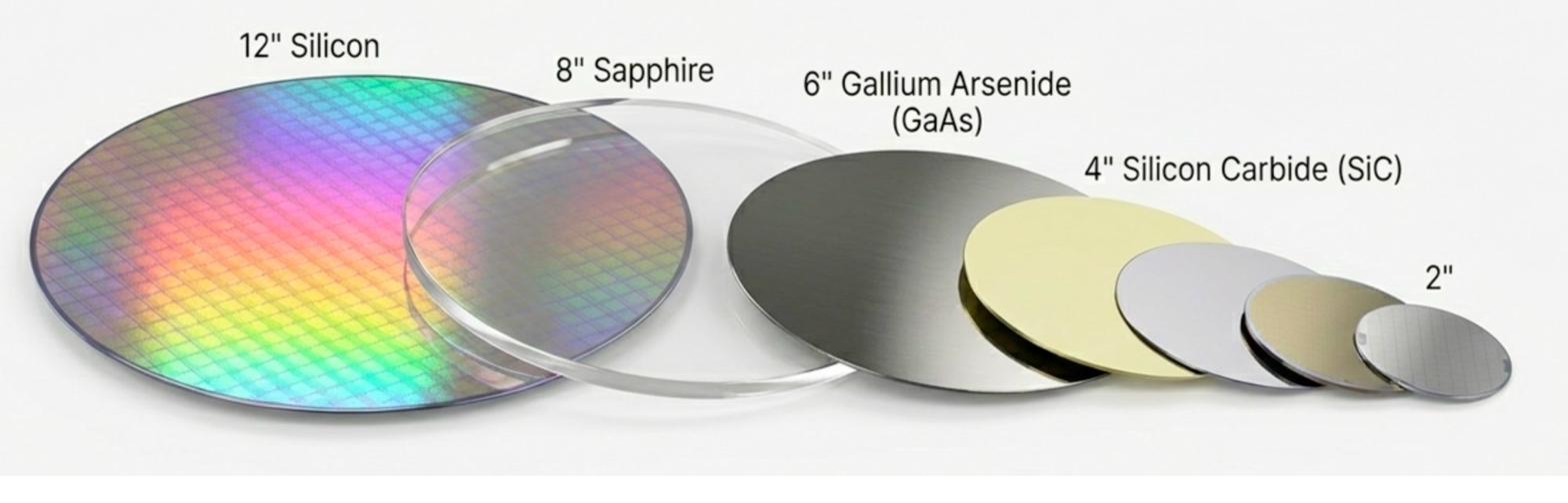 Substrate wafer comparison - 12 inch silicon, 8 inch sapphire, 6 inch GaAs, 4 inch SiC, and 2 inch wafers shown at comparative scale