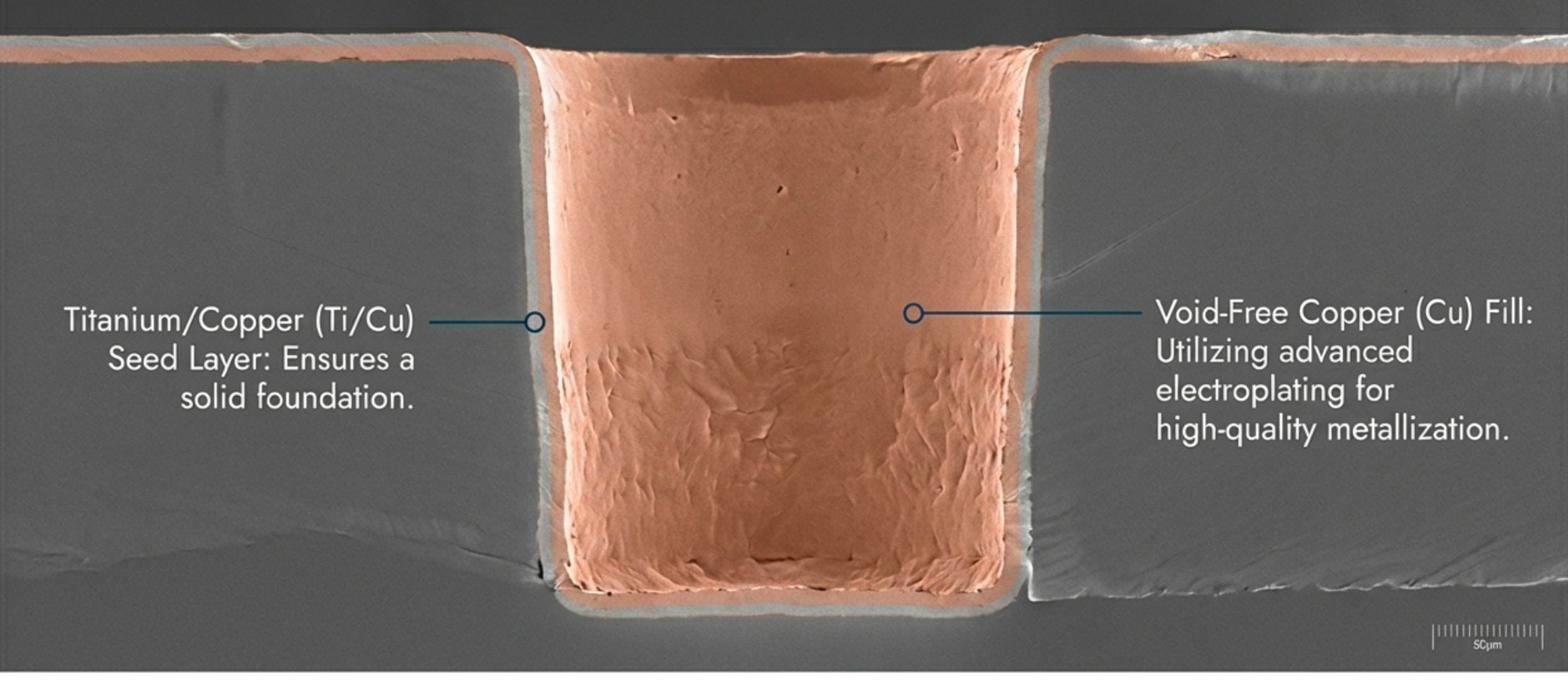 SEM cross-section of Through-Glass Via - Ti/Cu seed layer and void-free copper fill at 50µm scale, fabricated at Nanosystems JP Inc.