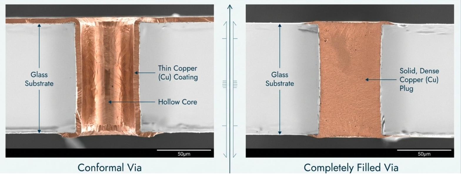 SEM cross-section comparison - conformal Cu coating with hollow core (left) vs solid void-free Cu plug (right) in glass substrate TGV, 50µm scale bar