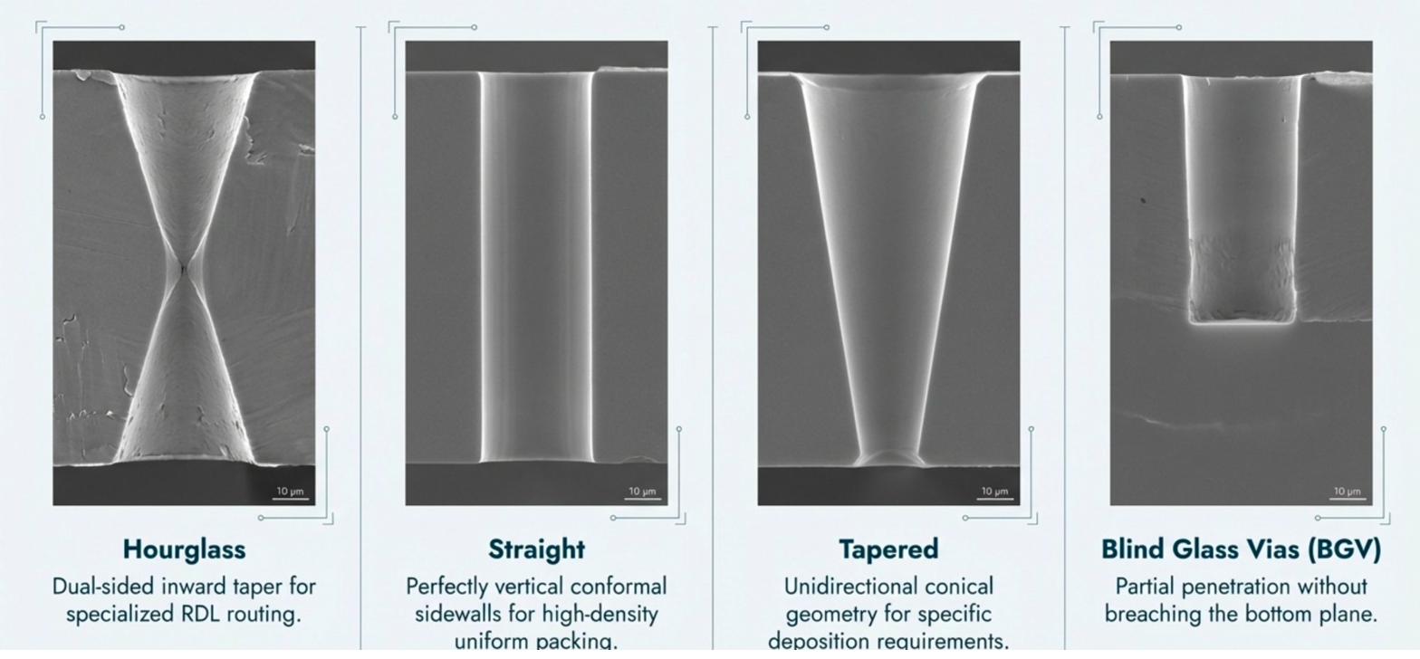 Four TGV via types: Hourglass, Straight, Tapered, and Blind Glass Via (BGV) - SEM cross-section micrographs at 10µm scale