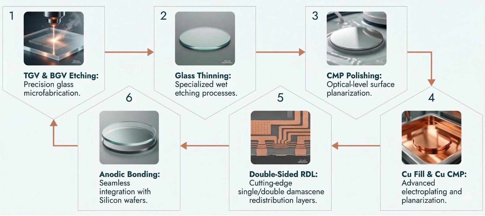 TGV fabrication process flow: 6 steps from TGV/BGV etching through glass thinning, CMP polishing, Cu fill, double-sided RDL, to anodic bonding