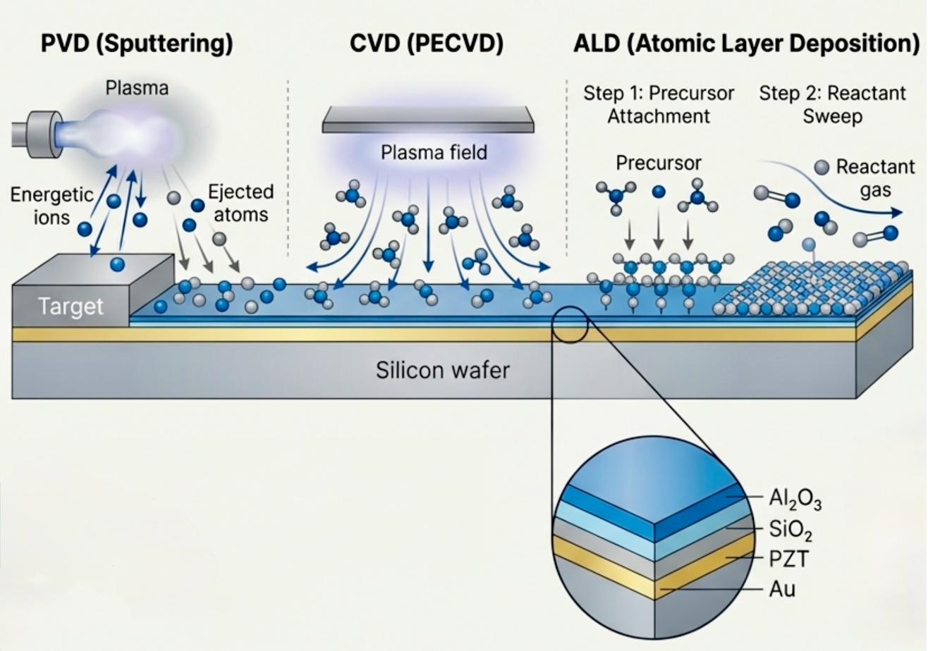 PVD, CVD and ALD deposition methods - sputtering, plasma CVD, and atomic layer deposition illustrated on a silicon wafer cross-section
