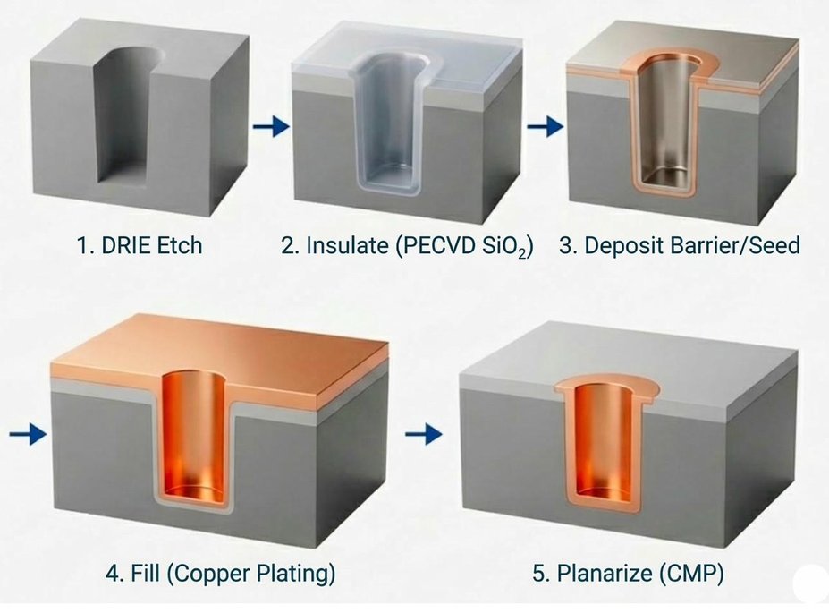 TSV fabrication process - DRIE etch, insulation, barrier/seed deposition, copper plating, CMP planarization