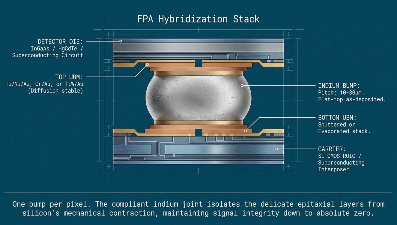 FPA hybridization stack blueprint: detector die, UBM, indium bump, carrier